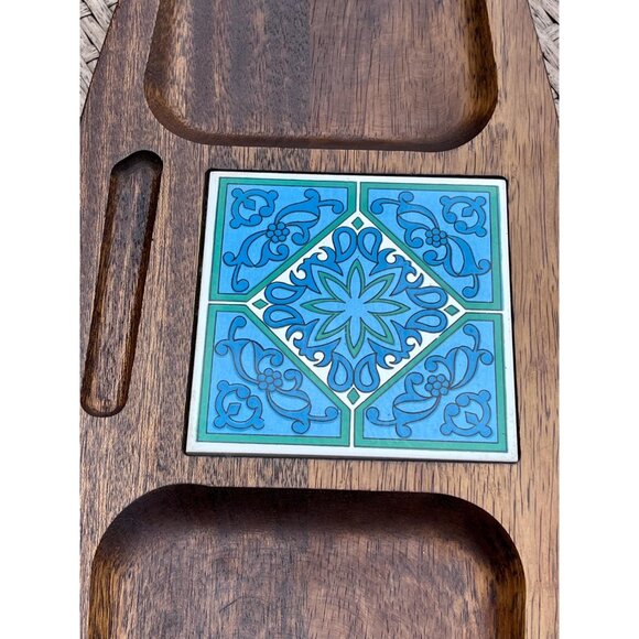 MCM Wood Charcuterie Board Platter w/ Ceramic Tile 1960s Wooden Serveware Japan - Picture 6 of 8